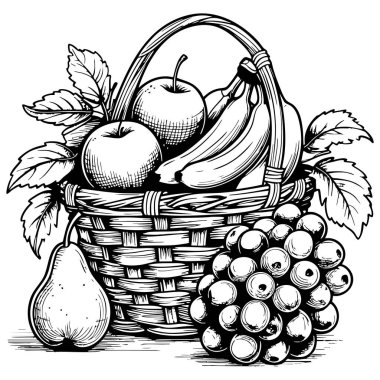 Elma, muz, armut ve yapraklı üzüm gibi taze meyvelerle dolu bir sepet.