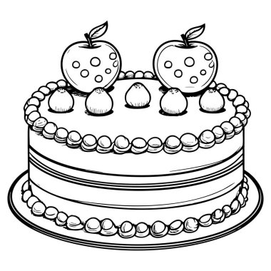 Çilek ve şekerlemelerle süslenmiş iki katlı bir doğum günü pastasının siyah beyaz çizimi