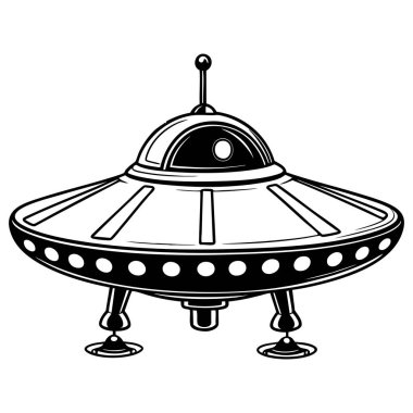 Yuvarlak gövdeli, kubbeli ve üç ayaklı bir UFO çizimi.