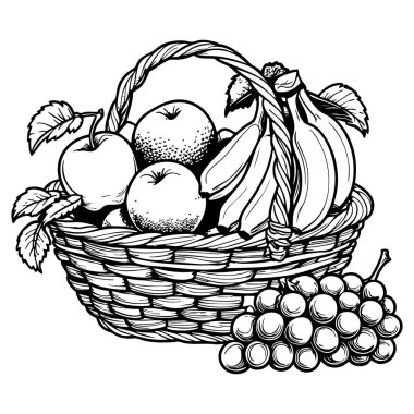 Elma, armut ve yapraklı üzüm dolu dokuma sepeti.