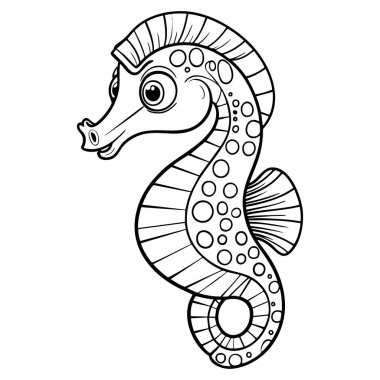 Büyük gözlü, kıvrık kuyruklu, çizgili ve noktalı desenli sevimli deniz atı, gülümsüyor.