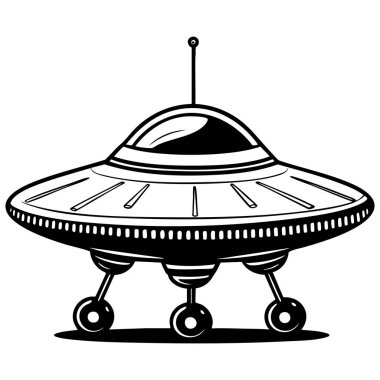 Kubbeli, antenli ve üç ayaklı klasik bir UFO çizimi.
