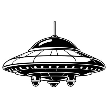 Siyah beyaz çizgili klasik bir uçan daire UFO 'su kubbeli ve iniş bacaklı.