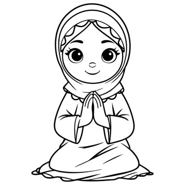 Siyah ve beyaz çizgili genç bir kız tesettür takmış, huzurlu bir şekilde dua ediyor, elleri çapraz oturuyor.
