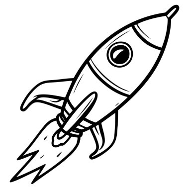 Büyük yuvarlak bir pencere ve yüzgeçleri olan alevler ve dumanla uzaya fırlatılan bir roket gemisinin siyah beyaz çizgi film çizimi