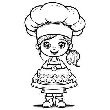 Şapka ve önlüklü bir şef gibi giyinmiş, üzerinde kiraz olan bir pasta tutan mutlu bir kızın çizimi.
