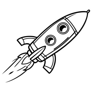 Basit çizgi film tarzı roket gemisi, dairesel pencereler ve yüzgeçlerle kalkıyor.