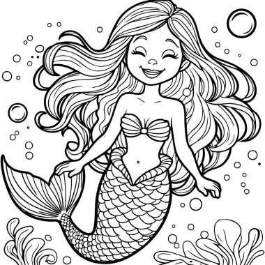 Kabuklu mutlu deniz kızı, kabarcıklar, su bitkileri ve arka planda ay.