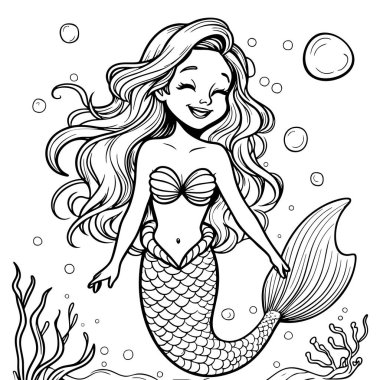 Dalgalı saçları ve pullu kuyruğu olan mutlu bir denizkızı su altında yüzer. Etrafı yosun ve kabarcıklarla çevrilidir.