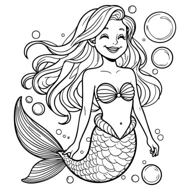 Uzun saçlı, kabuklu ve baloncuklarla çevrili mutlu bir şekilde yüzen neşeli deniz kızı.