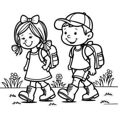 Kız ve erkek mutlu bir şekilde otlak yolda yürüyor, günlük kıyafetler ve sırt çantaları.