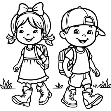 Sevimli çizgi film çocukları çimenlerde mutlu bir şekilde yürüyor, okul için sırt çantaları taşıyorlar.