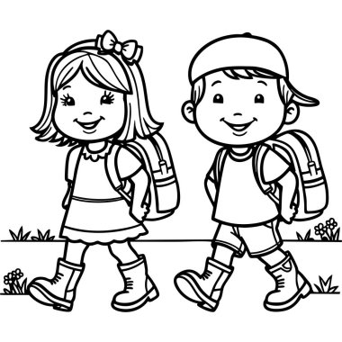 Mutlu çizgi film çocukları çimenlerde yürüyor, günlük kıyafetler ve sırt çantaları..