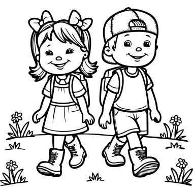 Çizgi filmdeki çocuklar dışarıda çiçeklerle çevrili sırt çantalarıyla mutlu bir şekilde yürüyorlar.