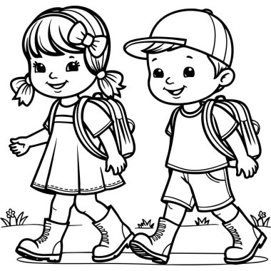 Neşeli çocuklar sırt çantalarıyla çiçeklerle yan yana yürüyorlar.