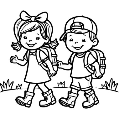 Sevimli çizgi film çocukları gülümsüyor ve çimenlerin ve bitkilerin arasında geziniyor.