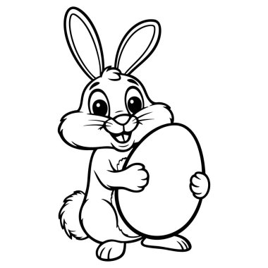 Sevimli çizgi film tavşanı elinde neşeli bir ifadeyle büyük bir Paskalya yumurtası tutuyor, boyamak için mükemmel.