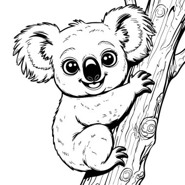 Ağaç dalına sarılan şirin bir bebek koala, çocukları boyamak için mükemmel.