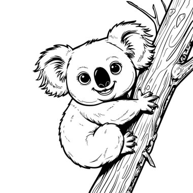 Çizgi film bebek koalası gülümsüyor ve bir ağaç dalına sıkıca sarılıyor.