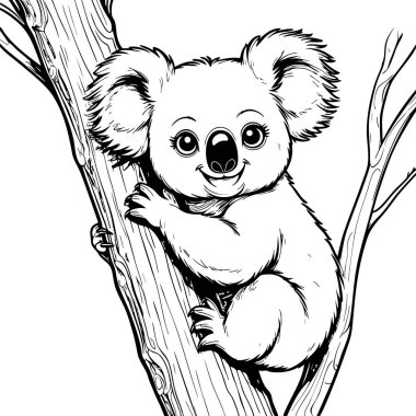 Kocaman yuvarlak gözlü, ağaç gövdesine sarılan tatlı bir bebek koala.