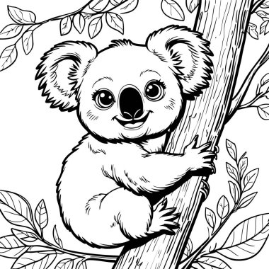Tatlı bir çizgi film koalası, dallarla ve yapraklarla çevrili bir ağaç gövdesine tutunur. Çocuk kitabı boyamak için idealdir.