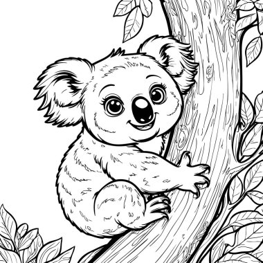 Şirin bir bebek koala, orman çizgi film stili boyama sayfasında yapraklarla çevrili bir ağaca tutunur.