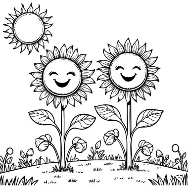 İki neşeli ayçiçeği neşeli bir bahçe sahnesinde güneşin altında gülümsüyor, çiçek açan yapraklar ve yapraklarla çevrili.