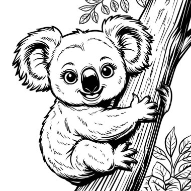 Neşeli bir koala, çocuklar için bir orman boyama sayfasında geçen parlayan güneşin altında ağaç gövdesini kucaklıyor.