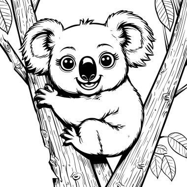 Sevimli bir bebek koala, yapraklarla çevrili geniş gözleri ve neşeli bir ifadeyle mutlu bir şekilde bir ağaç gövdesine tutunur.
