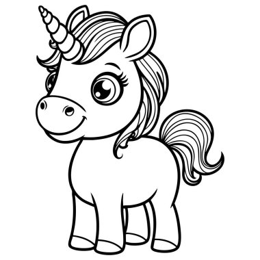 Büyüleyici bebek tek boynuzlu at karakteri. Yaratıcı renklendirme aktiviteleri için siyah-beyaz tasarımı kıvrımlı boynuzu var.