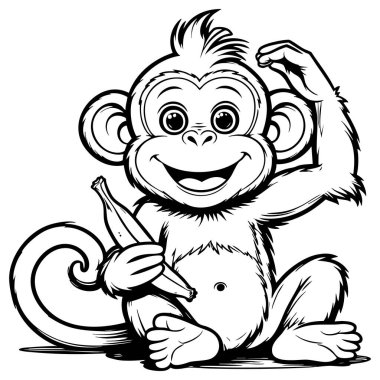 Şakacı çizgi film maymunu muz tutuyor, neşeli bir şekilde oturuyor ve gülümsüyor, eğitici ve eğlenceli renkli çarşaflar için mükemmel.
