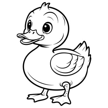 Ayakta duran sevimli ve dost canlısı ördek yavrusu, çocuk boyama kitaplarında veya eğitiminde kullanılmak üzere siyah beyaz çizilmiş.