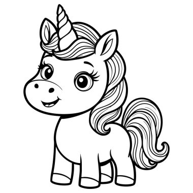 Parlak gözleri ve dalgalı yelesi olan şirin tek boynuzlu at. Büyülü renkli eğlence ve fantezi temalı çocuk sanat aktiviteleri için ideal.