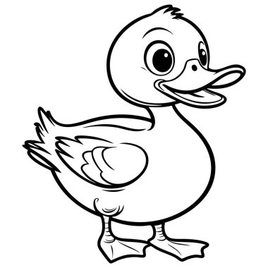 Büyük gözlü, sevimli bir ördek yavrusu çizimi, neşeli bir ifade, ve perdeli ayaklar, çocuk boyama sayfaları için mükemmel.