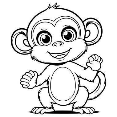 Sevimli bebek maymun karakteri dik duruyor, mutlu bir gülümseme ve neşeli bir ifadeyle ellerini sallıyor.