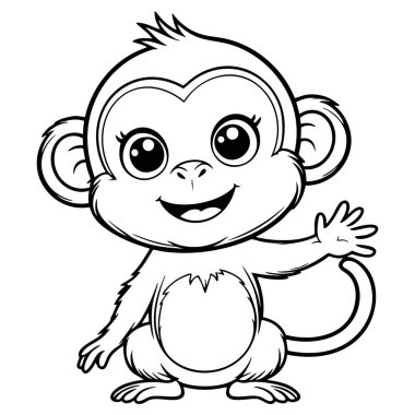 Neşeli yüzlü, neşeli bir bebek maymun karakteri oturuyor ve bir elini dostça sallıyor.