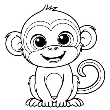 Dost canlısı bebek maymun karakteri, kıvrık kuyruğu vücudunun yanında kıvrımlı bir şekilde gülümsüyor.