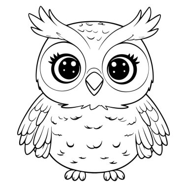 Yumuşak kanatları ve etkileyici gözleri olan sevimli çizgi film baykuşu, çocuk boyama aktiviteleri için mükemmel.