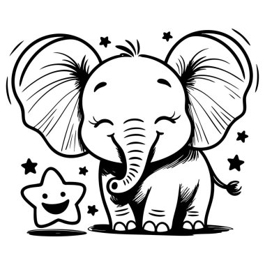 Mutlu bir yıldızın ve ışıl ışıl gökyüzünün yanında tatlı tatlı gülümseyen bebek fil.