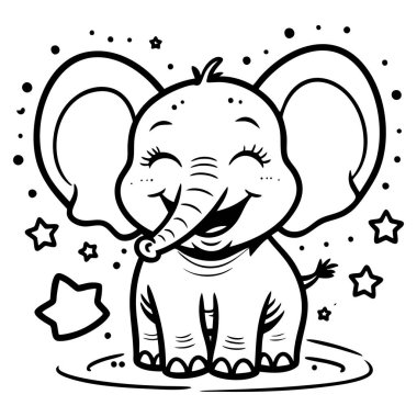 Kocaman kulakları ve yıldızlarla çevrili neşeli gülüşü olan sevimli bir bebek fil.