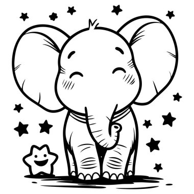 Büyük kulakları ve parlayan yıldızların arasında parlak gözleri olan sevimli bebek fil.