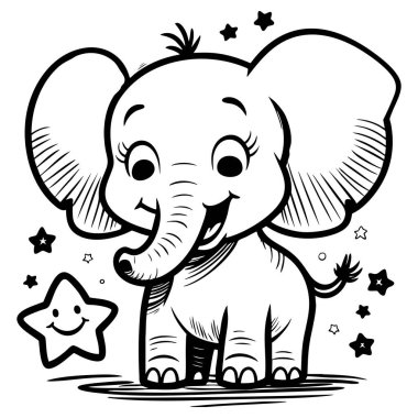 Parlayan yıldızlar ve gülümseyen bir yıldızla çevrili mutlu ve neşeli bir fil.