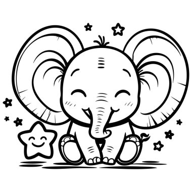 Yavru bir fil, etrafında küçük yıldızlar ve neşeli bir yıldızla büyük bir gülümsemeyle oturur.