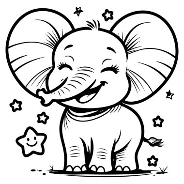 Kocaman kulakları olan mutlu bir bebek fil çizgi film tarzında yıldızlar arasında neşeyle gülümsüyor.