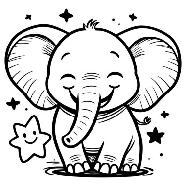 Büyük kulaklı, gülümseyen bir fil, yanında sevimli bir yıldız arkadaşıyla yıldızların arasında mutlu mesut durur.