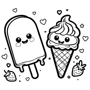 Kawaii tarzında kalpleri ve çilekleri olan mutlu dondurma ve dondurma karakterleri.