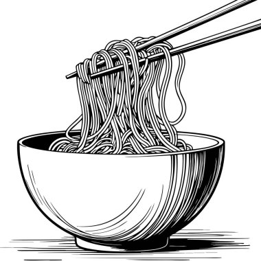 Yemek çubuklarıyla ramen eriştesi dolu gerçekçi bir kase. Yemek boyama eğlencesi için mükemmel.