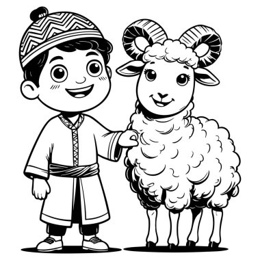 Kültürel kıyafet giyen neşeli bir çocuk büyük tüylü bir koçun yanında duruyor.
