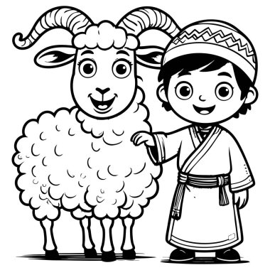 İslami kıyafetlerle gülümseyen, tüylü bir koç, bayramı sembolize ediyor..