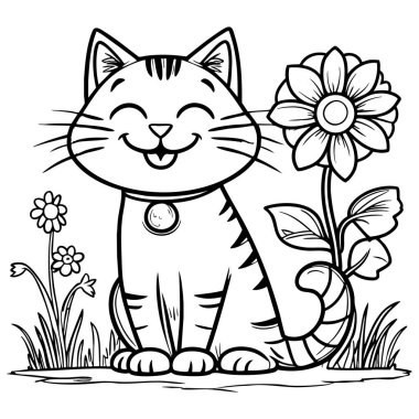 Yakalı ve gülümseyen yüzlü sevimli bir kedi. Çiçeklerin yanında, eğlenceli bir bahçede oturuyor.